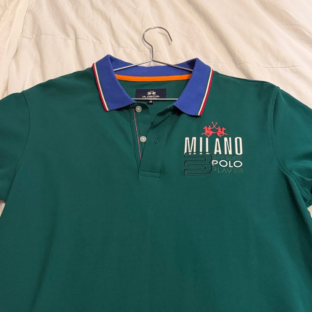 La Martina Milano Embroidered Polo Shirt - Green with Blue Collar